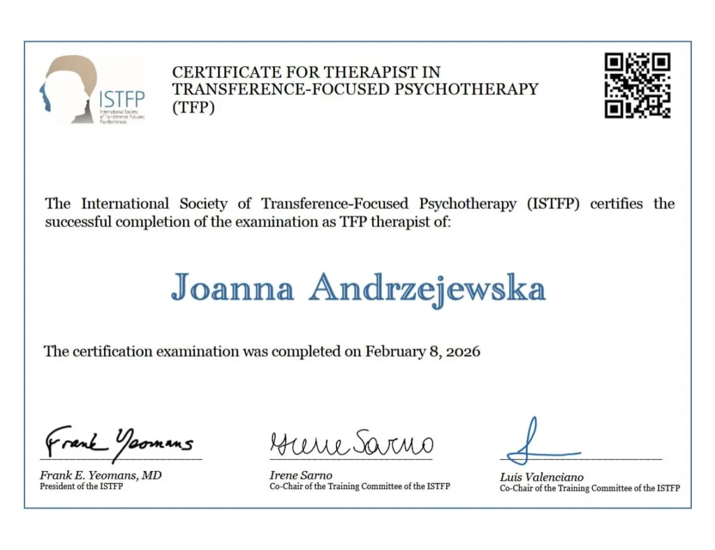 Joanna Andrzejewska - Psychoterapeuta - Certyficate for Therapist in Transference-Focused Psychotherapy - TFP